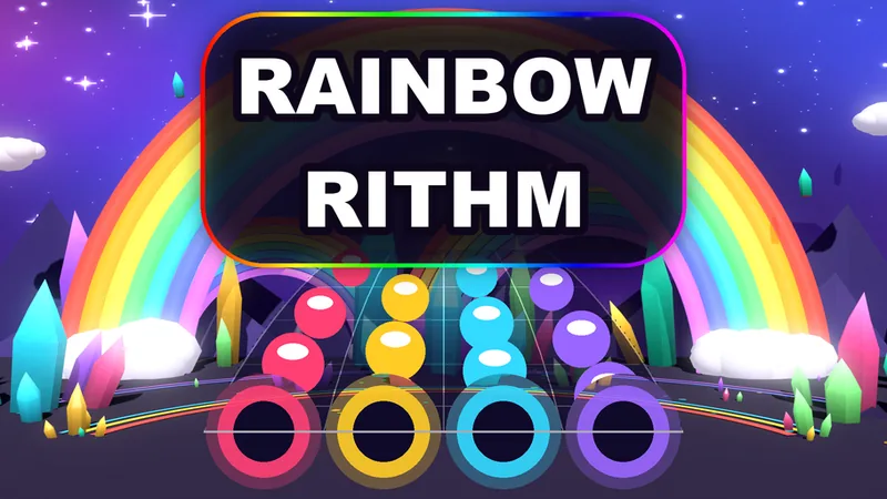 Rainbow Rithm cover art — four colorful note lanes under a rainbow