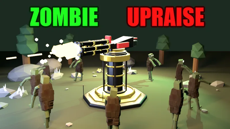 Zombie Upraise cover art — a minigun turret holding off a low-poly zombie horde